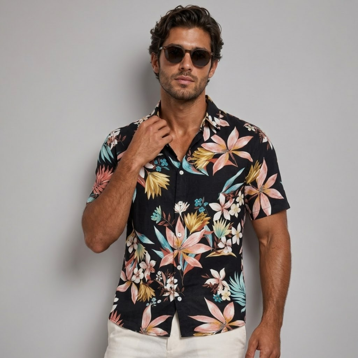 Men's Short Sleeve Hawaiian Shirt with Floral and Tropical Print