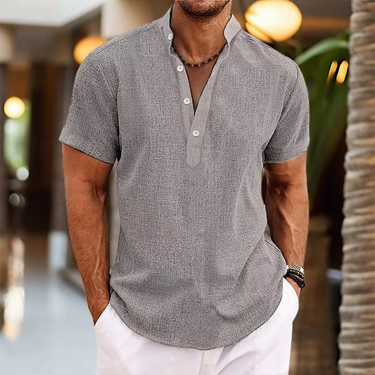 Men's Short Sleeve Henley Shirt with Stand Collar and Button Placket