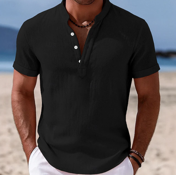 Men's Short Sleeve Henley Shirt with Stand Collar and Two-Button Placket