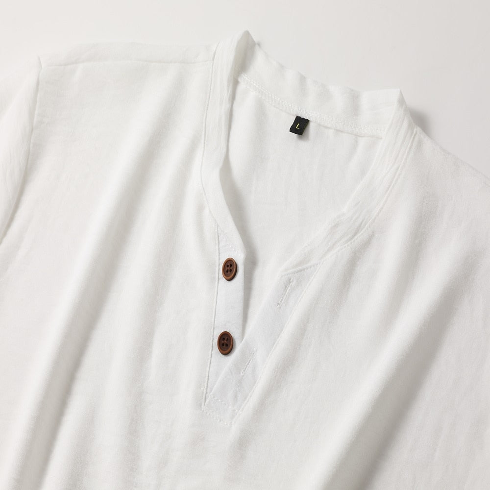 Men's Short Sleeve Henley T-Shirt with V-Neck and Button Placket