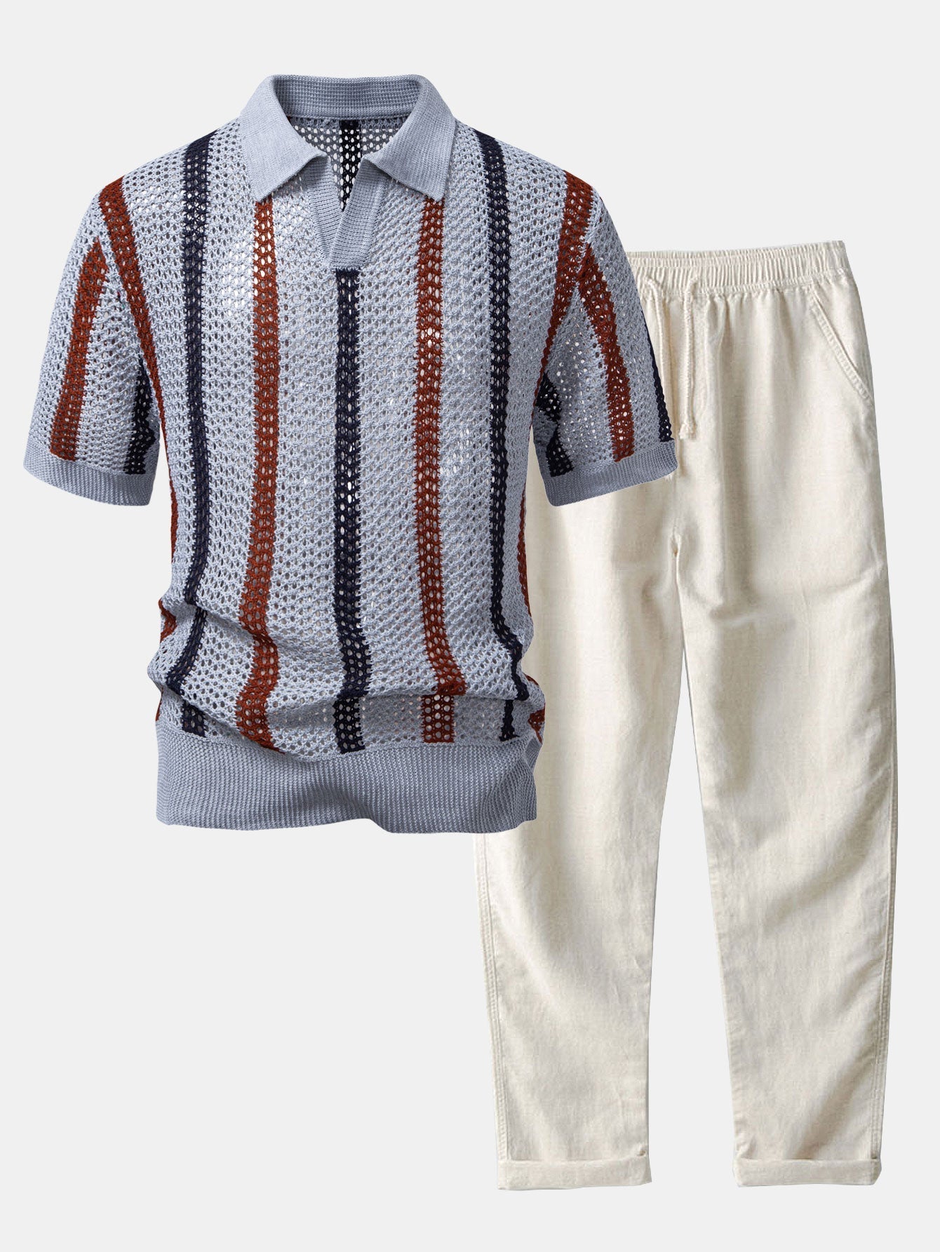 Men's Short Sleeve Polo and Trousers Co-ord Set with Open-Knit Vertical Stripe