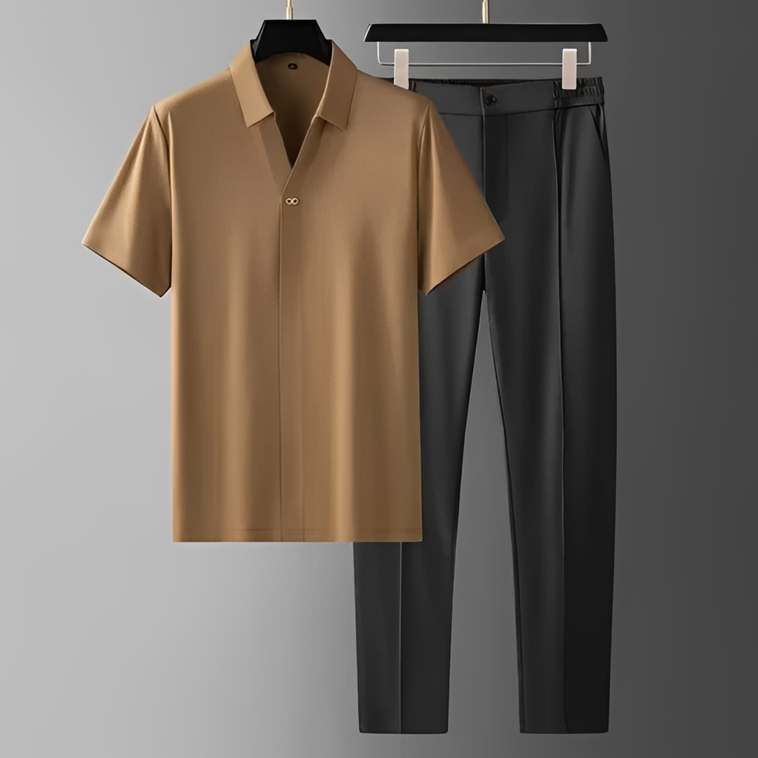 Men's Short Sleeve Polo Shirt and Trousers Co-ord Set with V-Neck Collar