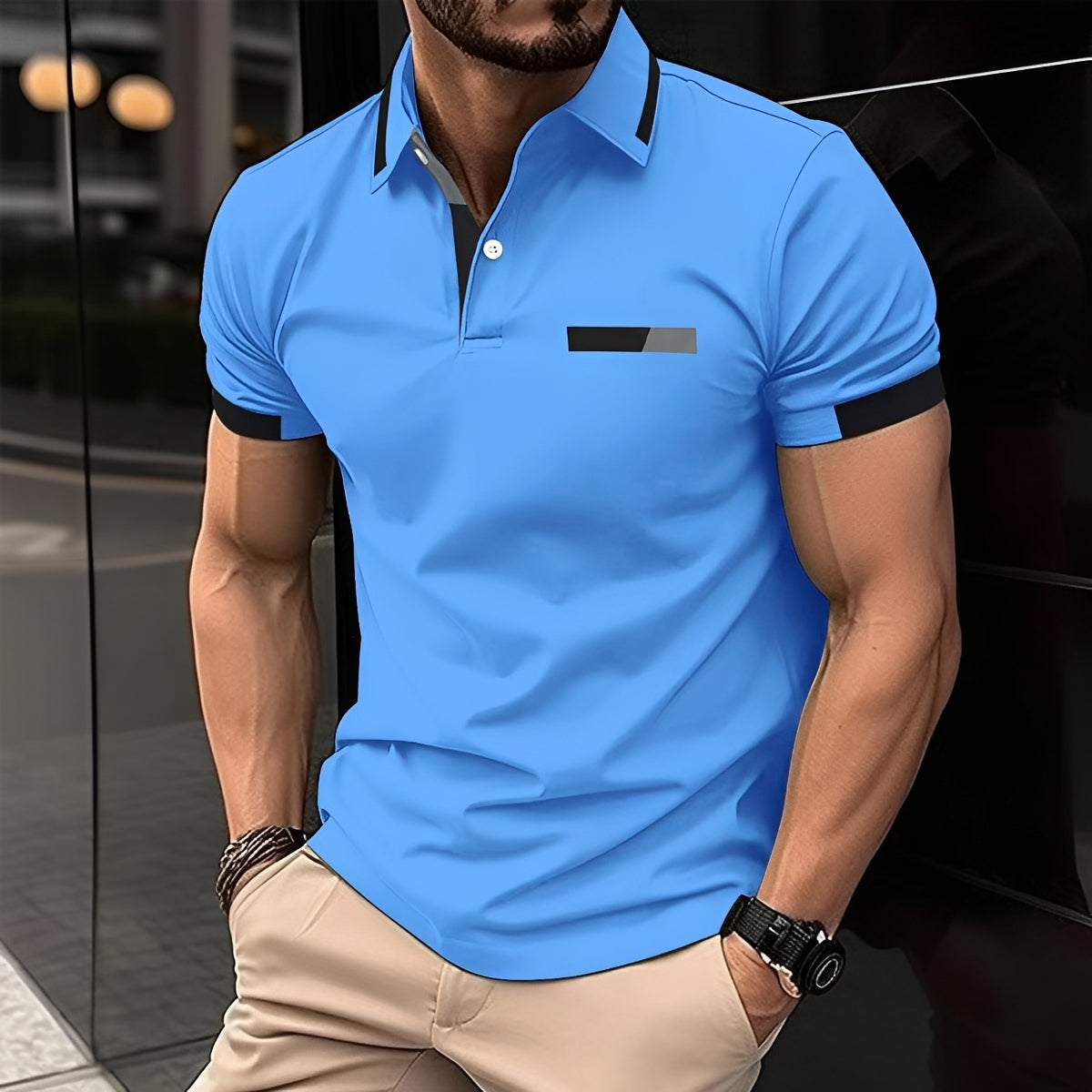 Men's Short Sleeve Polo Shirt with Contrast Collar and Slim Fit