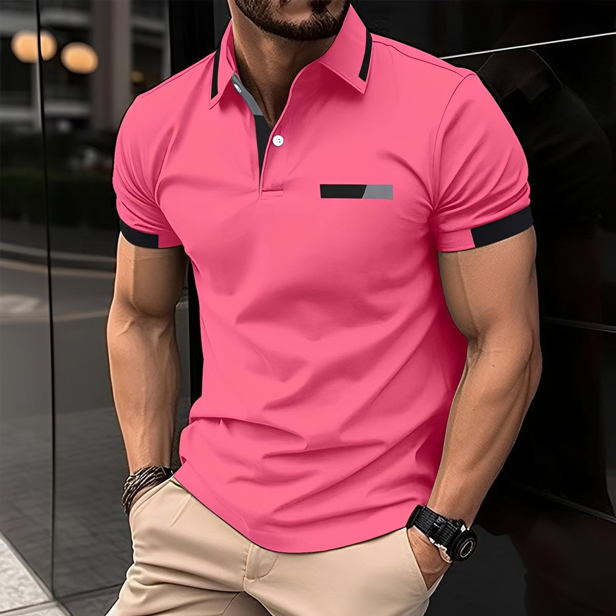 Men's Short Sleeve Polo Shirt with Contrast Collar and Slim Fit