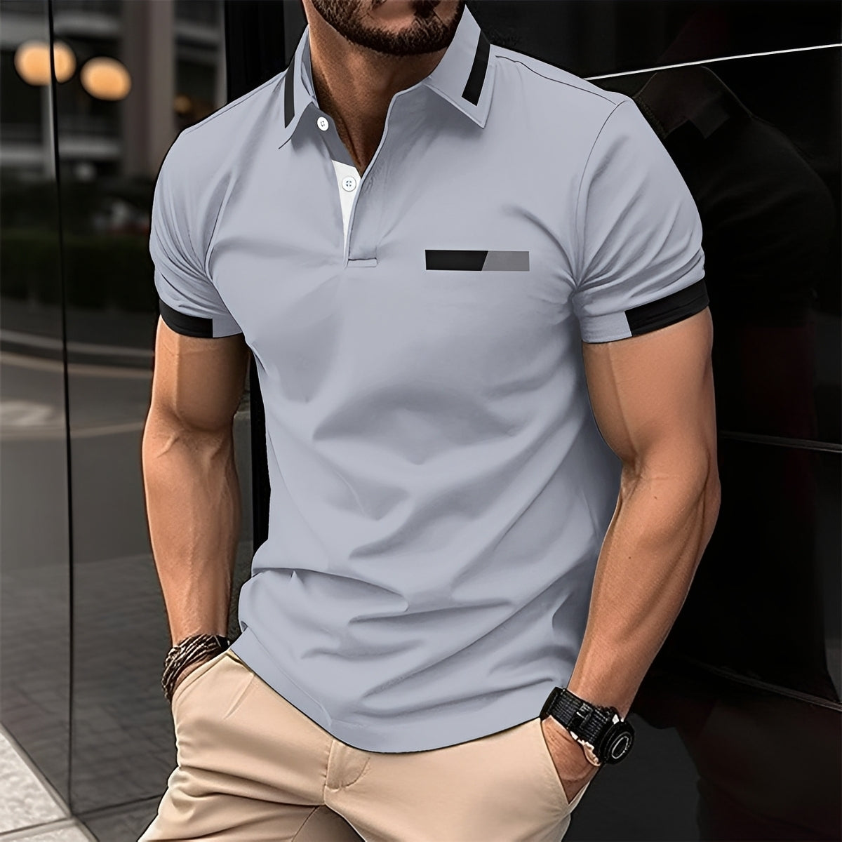 Men's Short Sleeve Polo Shirt with Contrast Collar and Slim Fit
