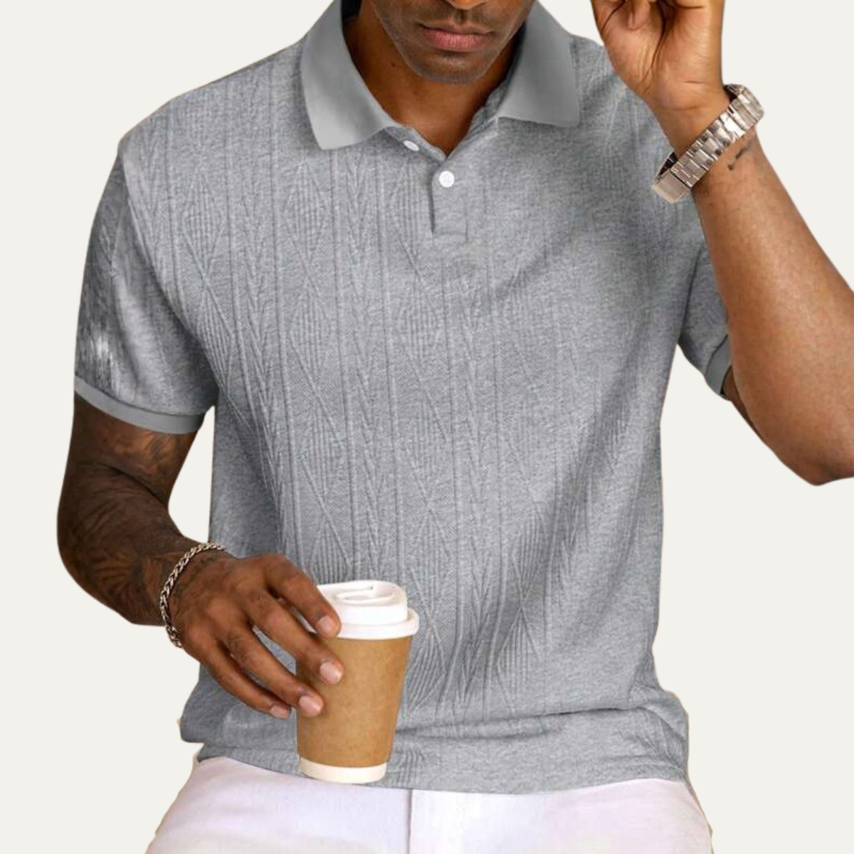 Men's Short Sleeve Polo Shirt with Diamond Texture and Button Collar