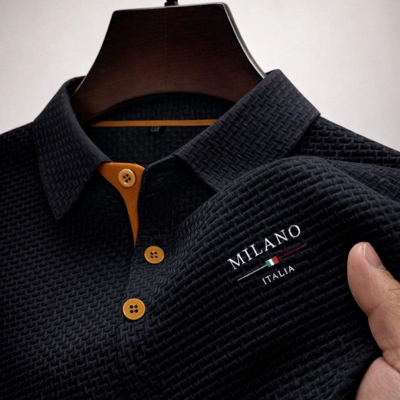 Men's Short Sleeve Polo Shirt with Textured Fabric and Button Placket