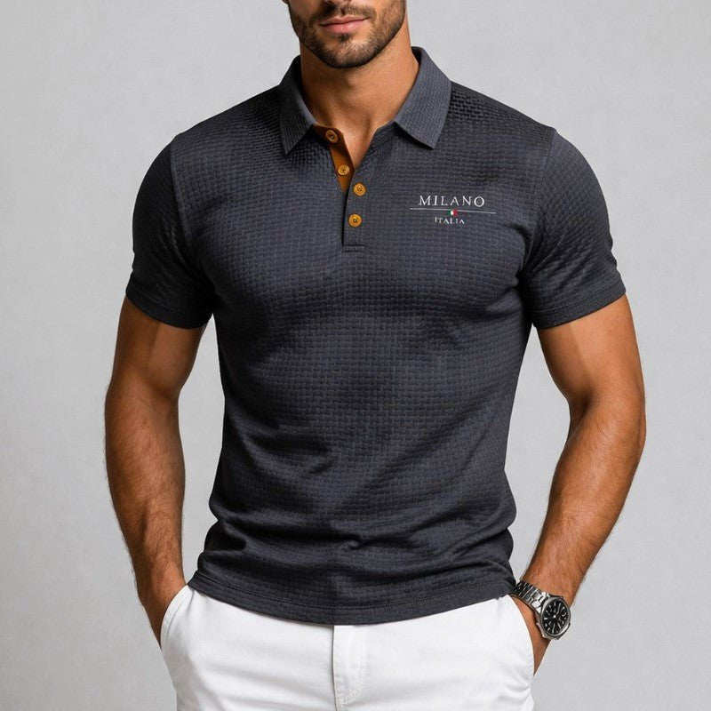 Men's Short Sleeve Polo Shirt with Textured Fabric and Button Placket