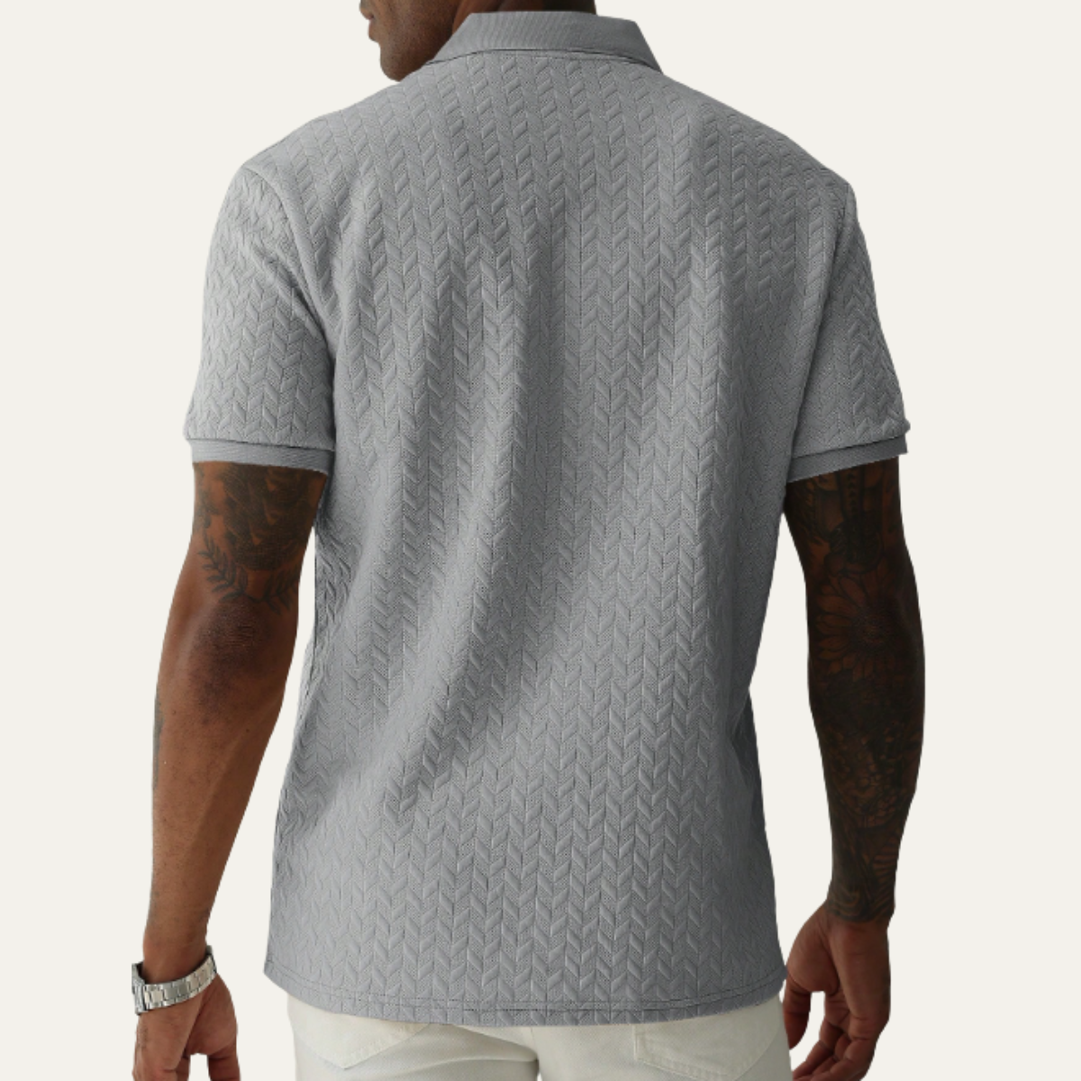 Men's Short Sleeve Polo Shirt with Textured Pattern and Button Collar