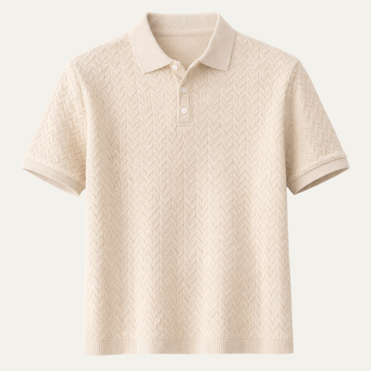 Men's Short Sleeve Polo Shirt with Textured Pattern and Button Collar