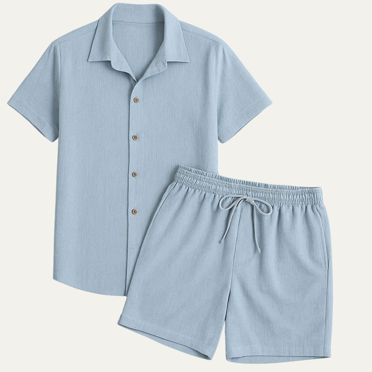 Men's Short Sleeve Shirt and Shorts Set with Camp Collar and Drawstring