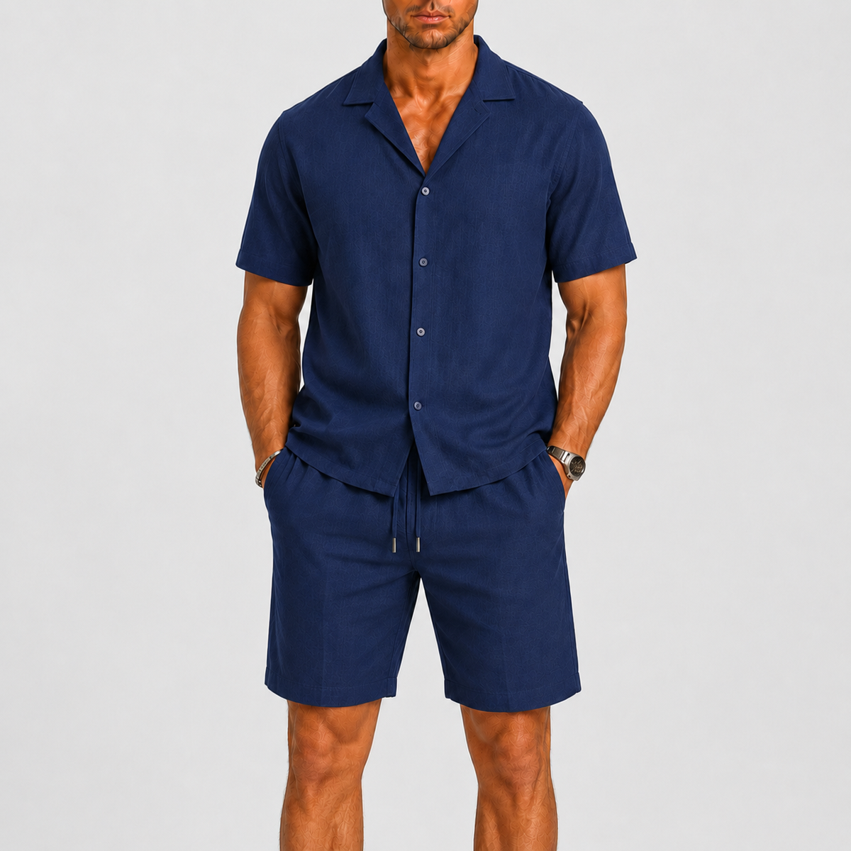 Men's Short Sleeve Linen Shirt and Shorts Set with Camp Collar and Drawstring Waist