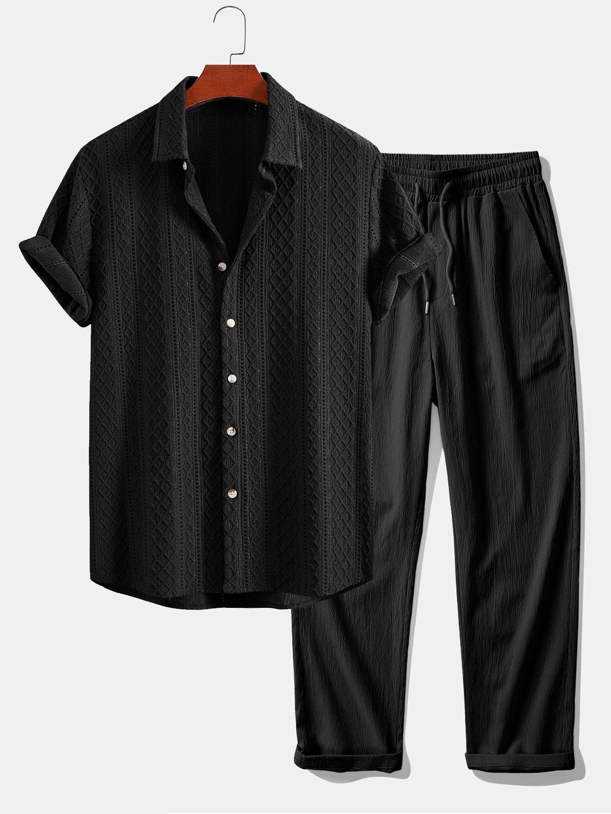 Men's Short Sleeve Shirt and Straight Leg Trousers Co-ord Set with Textured Diamond Pattern