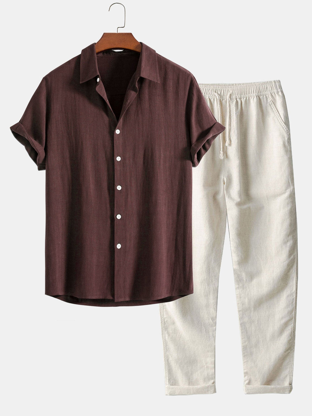 Men's Short Sleeve Shirt and Trousers Set with Button-Up and Drawstring Waist
