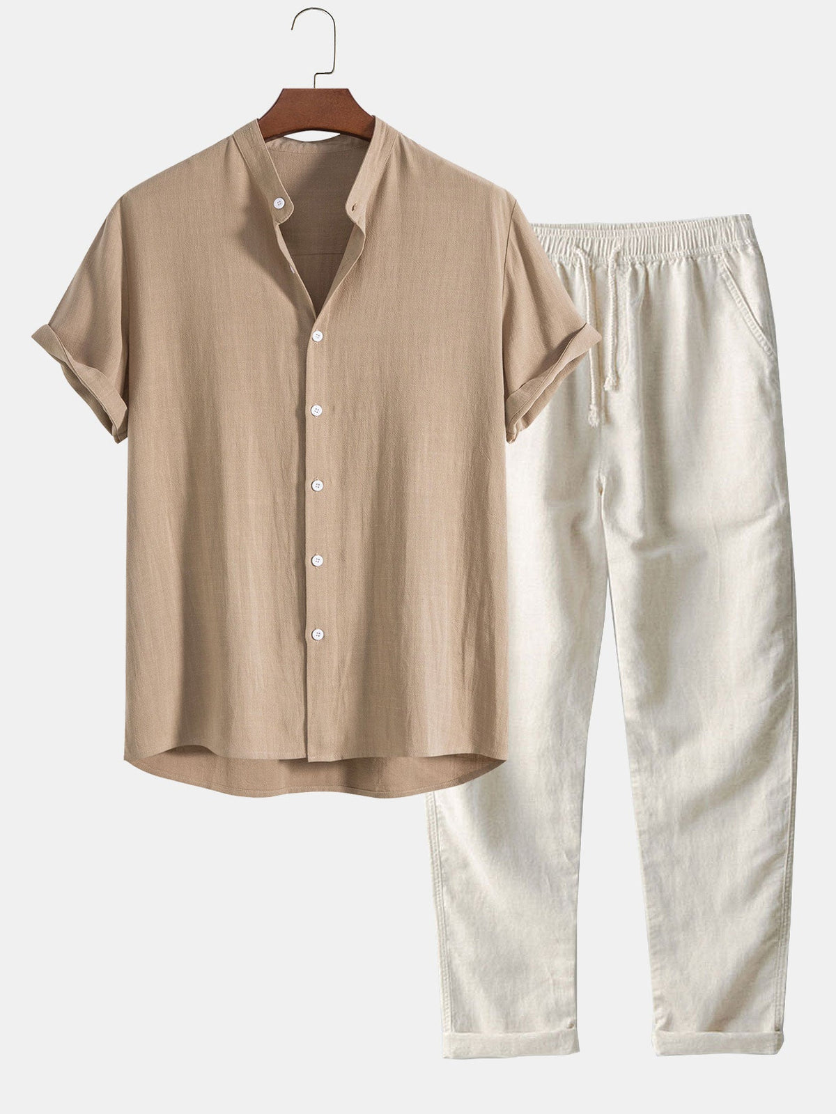 Men's Short Sleeve Shirt and Trousers Set with Button-Up and Drawstring Waist