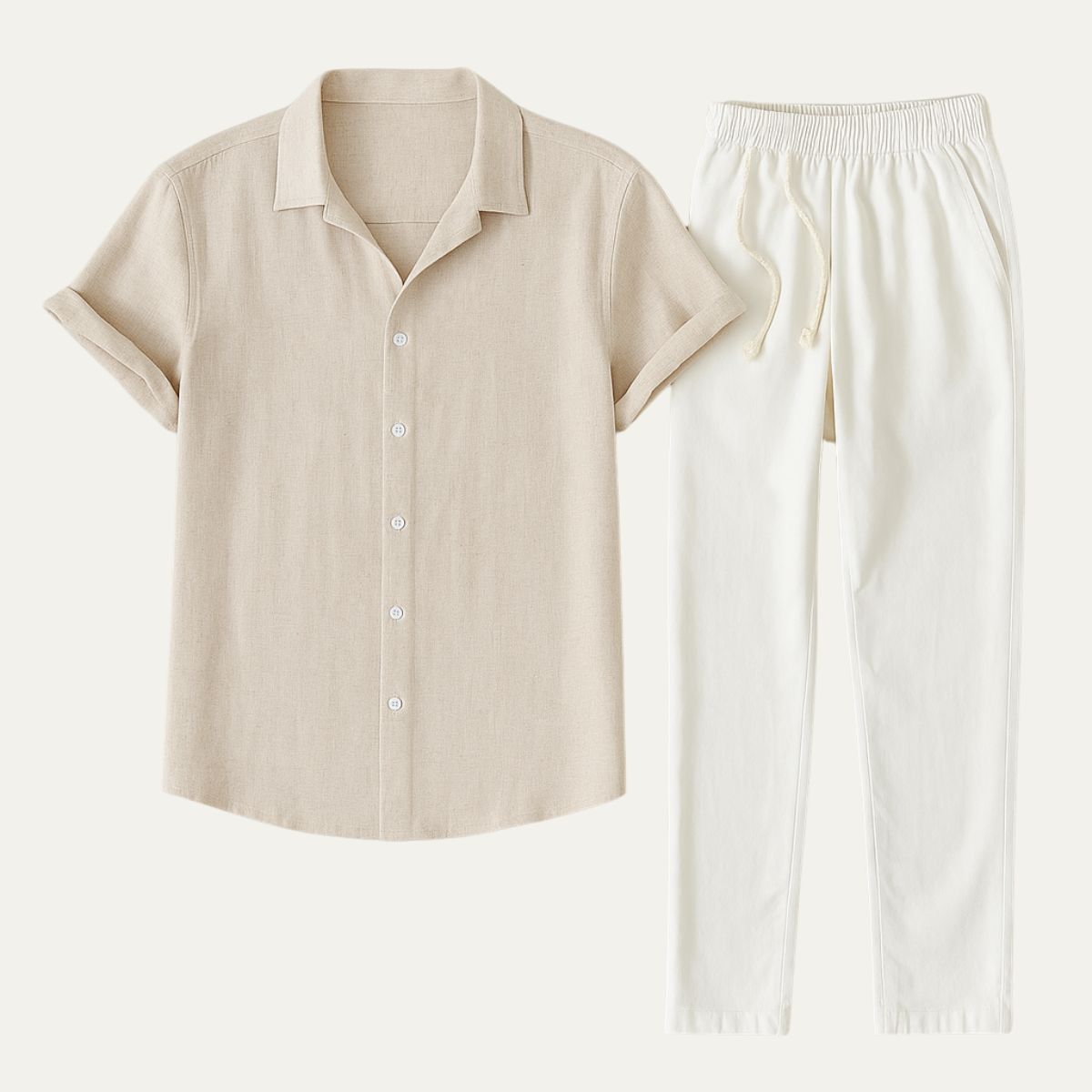 Men's Short Sleeve Shirt and Trousers Set with Camp Collar and Drawstring Waist