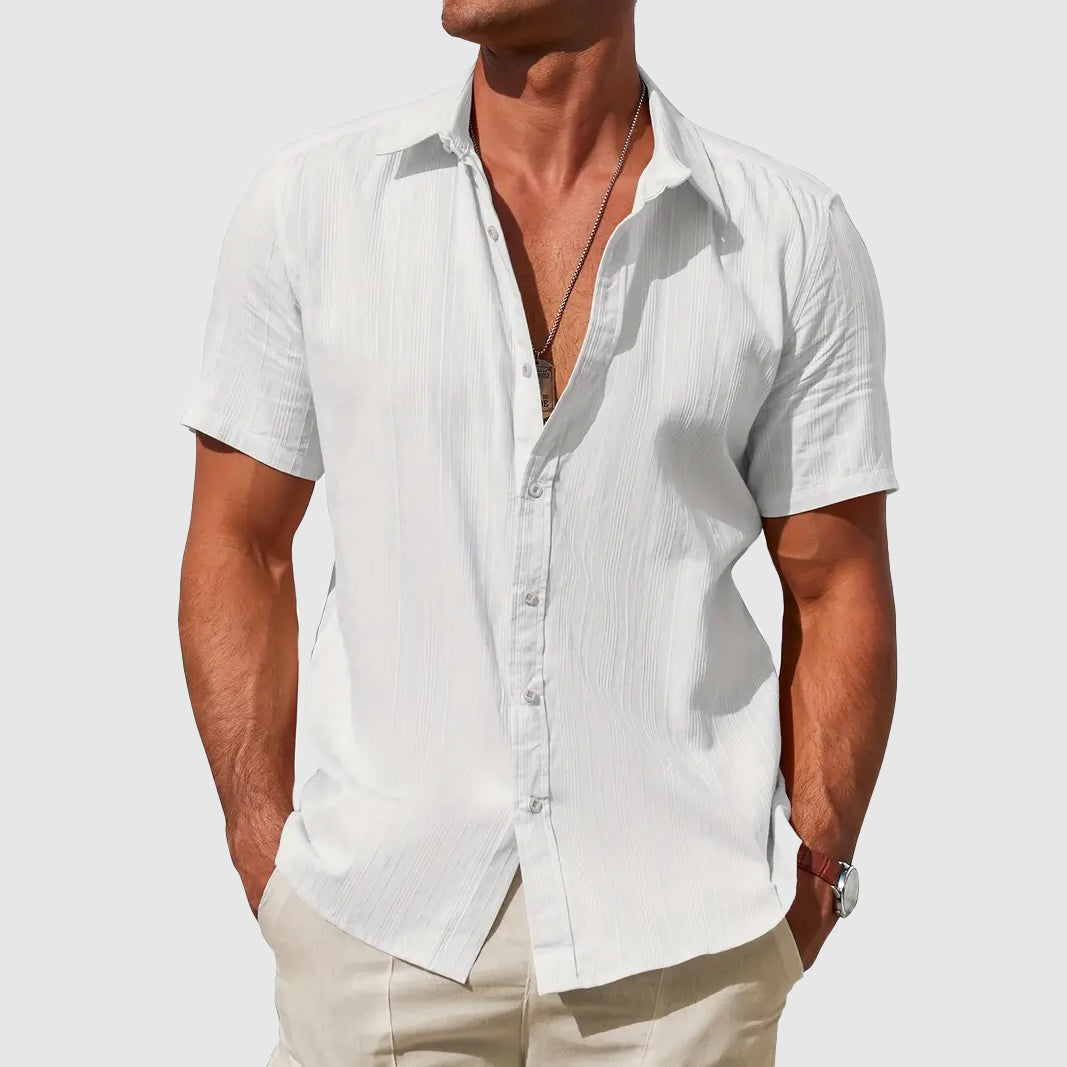 Men's Short Sleeve Shirt with Button Front and Textured Pattern