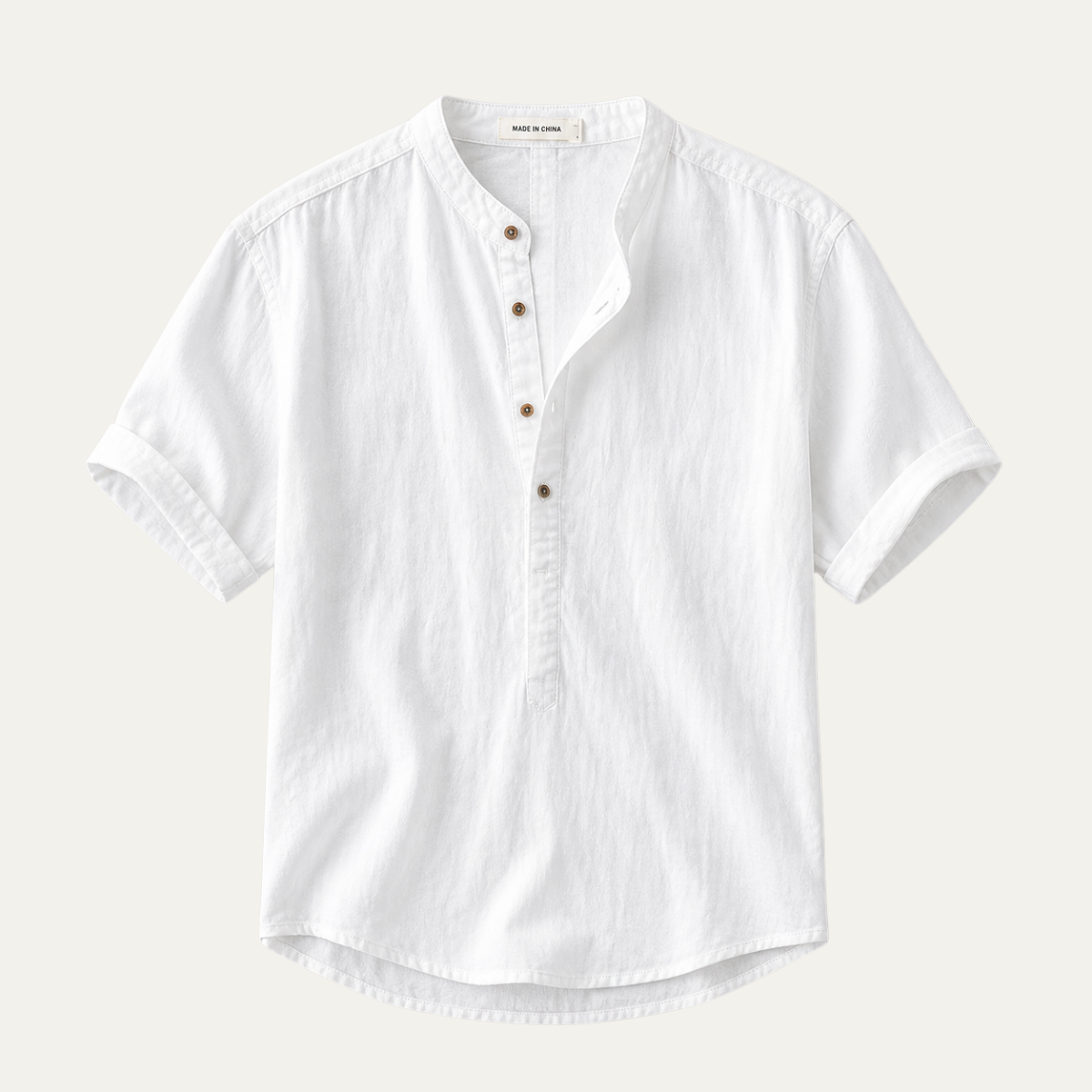 Men's Short Sleeve Shirt with Mandarin Collar and Button Placket