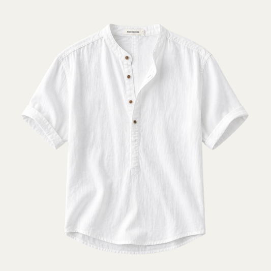Men's Short Sleeve Shirt with Mandarin Collar and Button Placket