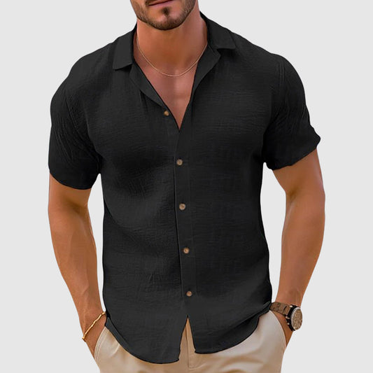 Men's Short Sleeve Shirt with Open Collar and Button Closure
