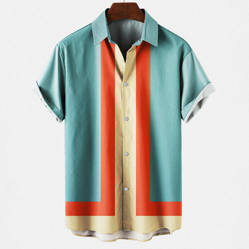 Men's Short Sleeve Shirt with Retro Stripe Print and Button Closure