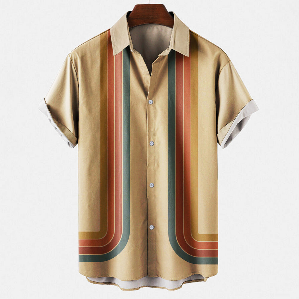 Men's Short Sleeve Shirt with Retro Stripe Print and Button Closure