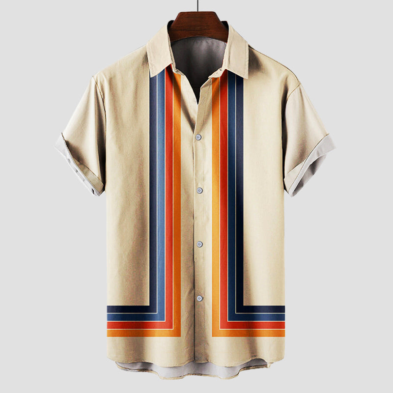 Men's Short Sleeve Shirt with Retro Stripe Print and Button Front