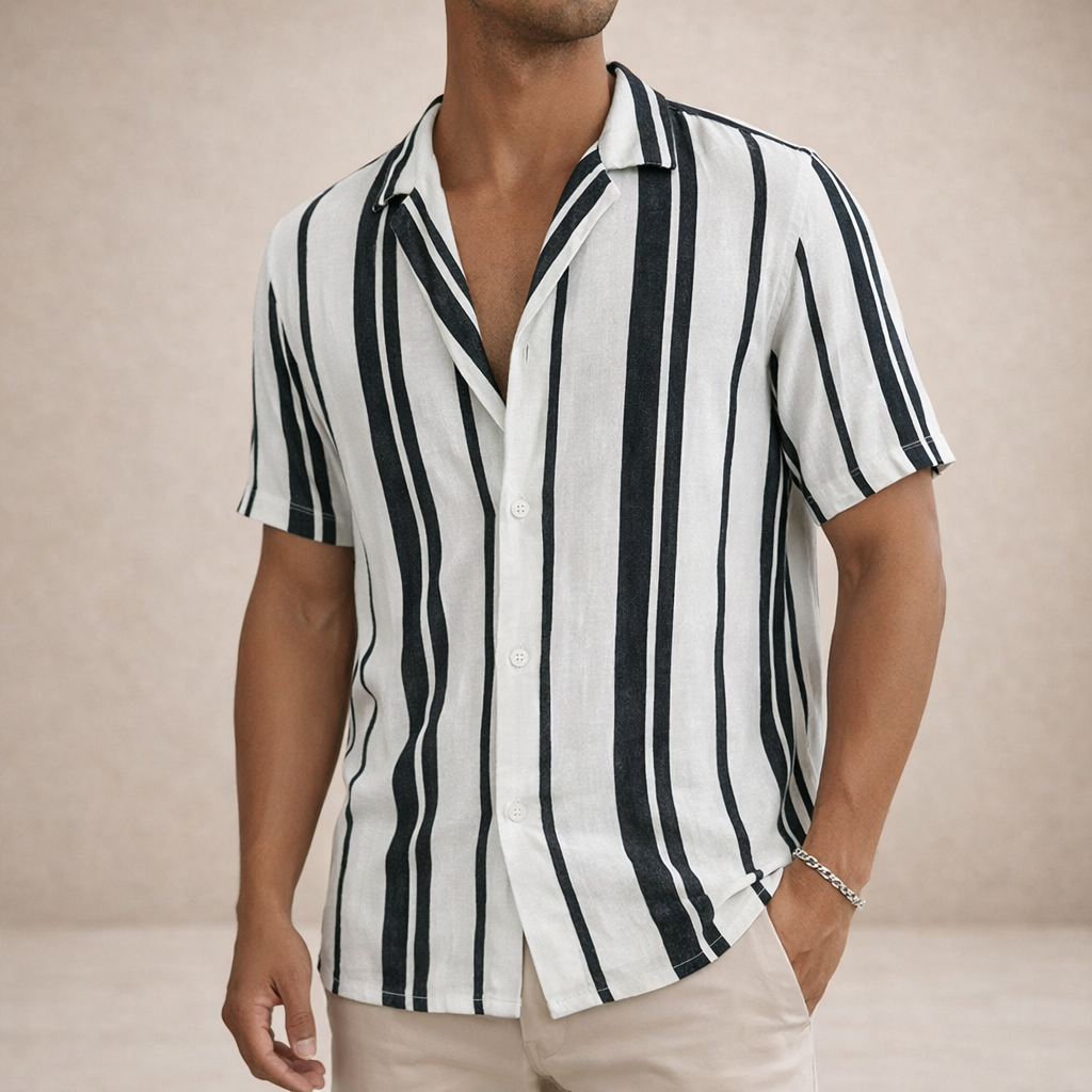 Men's Short Sleeve Striped Shirt with Camp Collar and Relaxed Fit