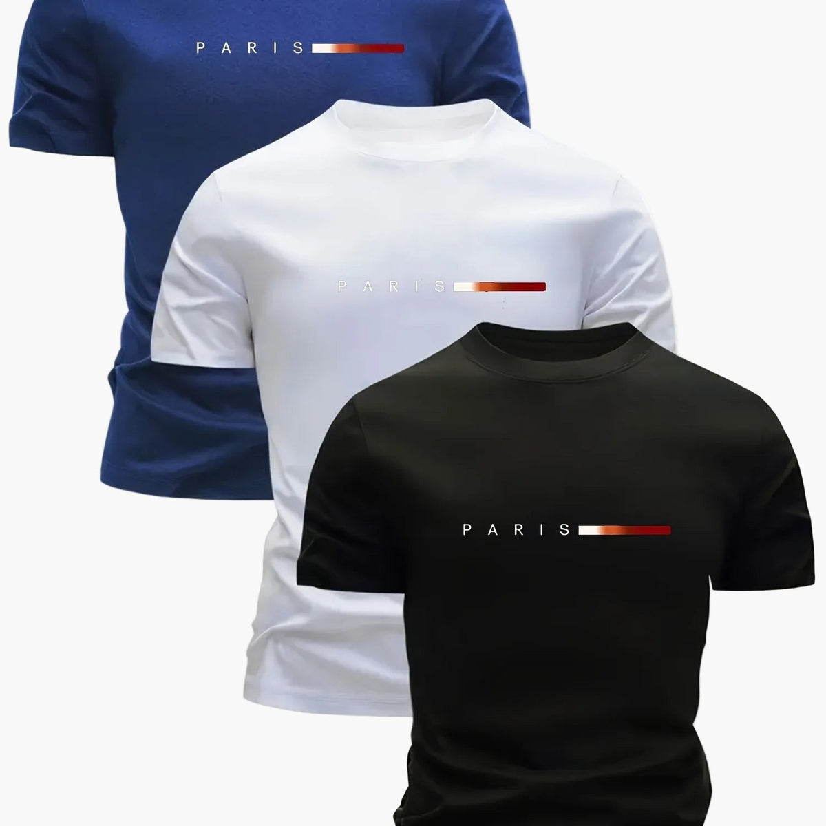 Men's Short Sleeve T-Shirt 3-Pack with Paris Print and Round Neck