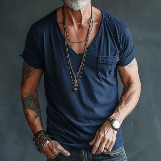 Men's Short Sleeve T-Shirt with Deep V-Neck and Chest Pocket