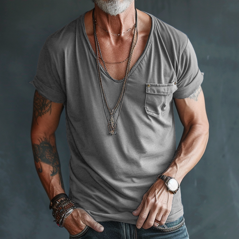 Men's Short Sleeve T-Shirt with Deep V-Neck and Chest Pocket
