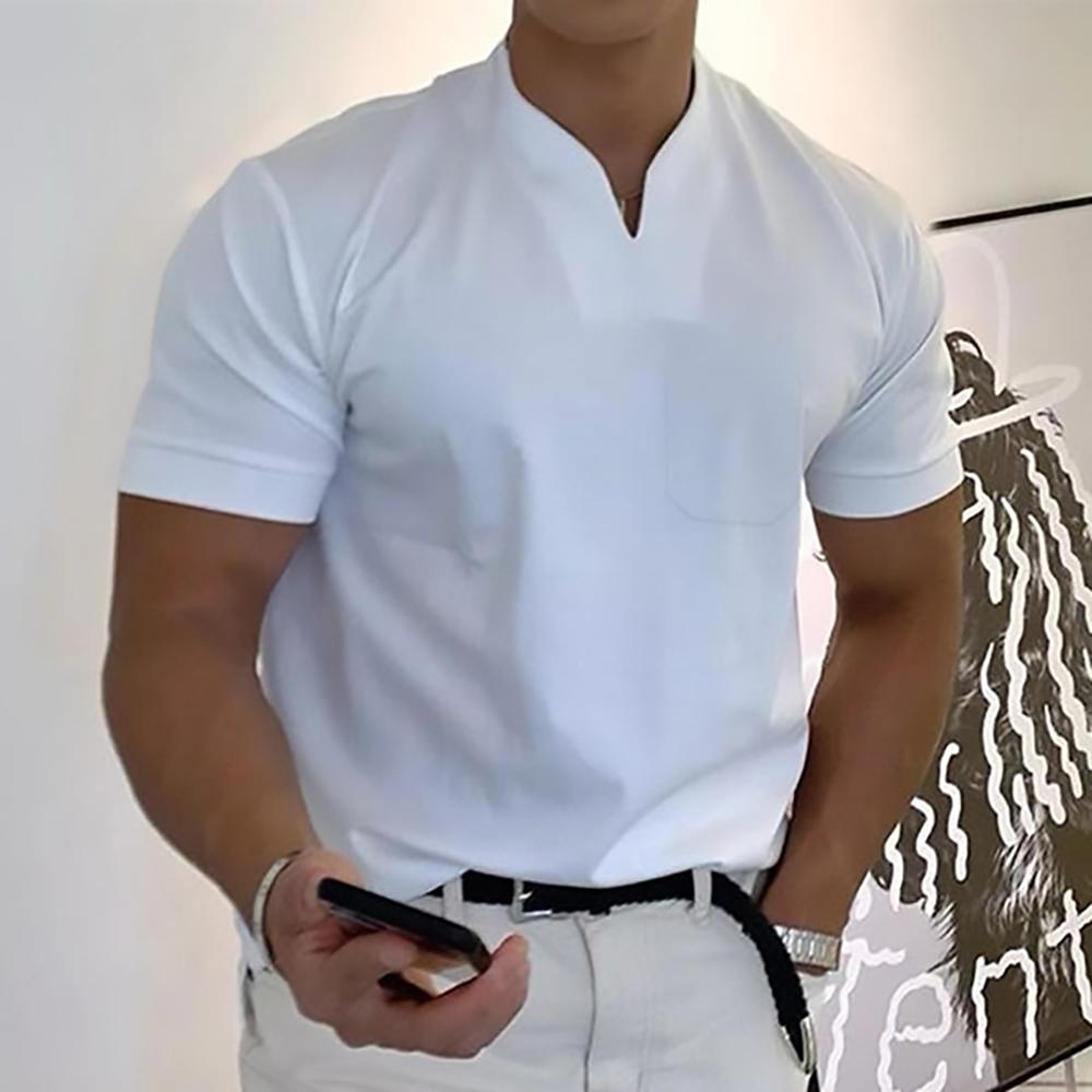 Men's Short Sleeve T-Shirt with V-Neck and Chest Pocket