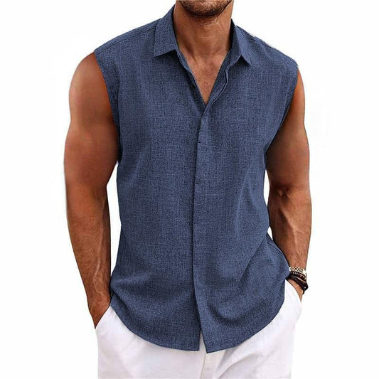Men's Sleeveless Shirt with Classic Collar and Button Closure
