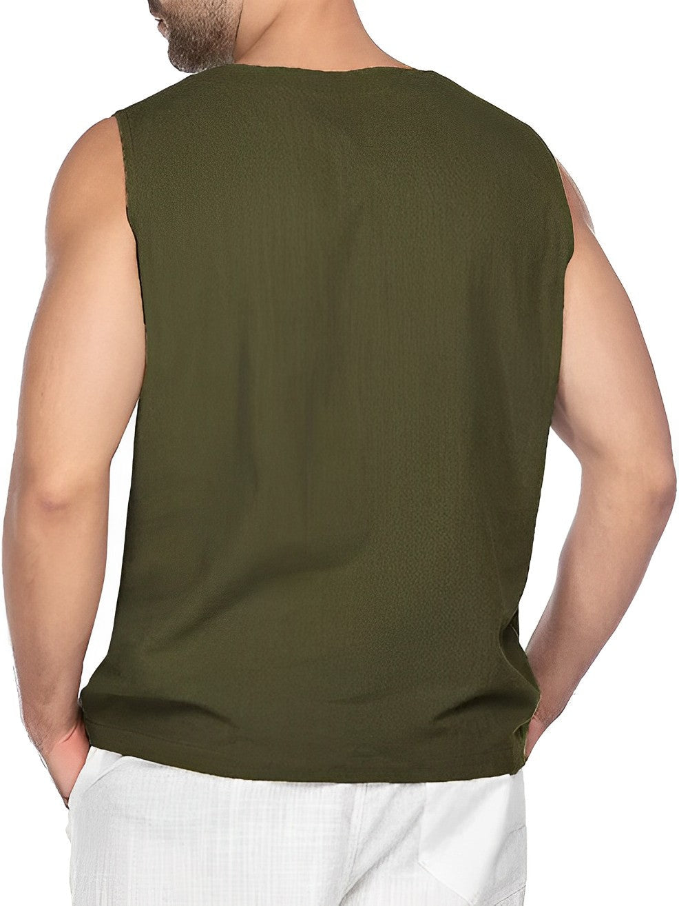Men's Sleeveless Tank Top with V-Neck Lace-Up Detail and Chest Pocket
