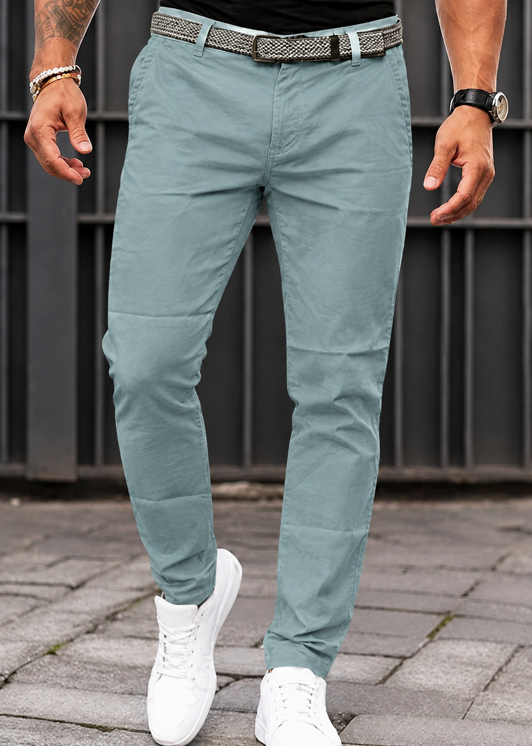 Men's Slim Fit Chino Trousers with Belt Loop Waistband