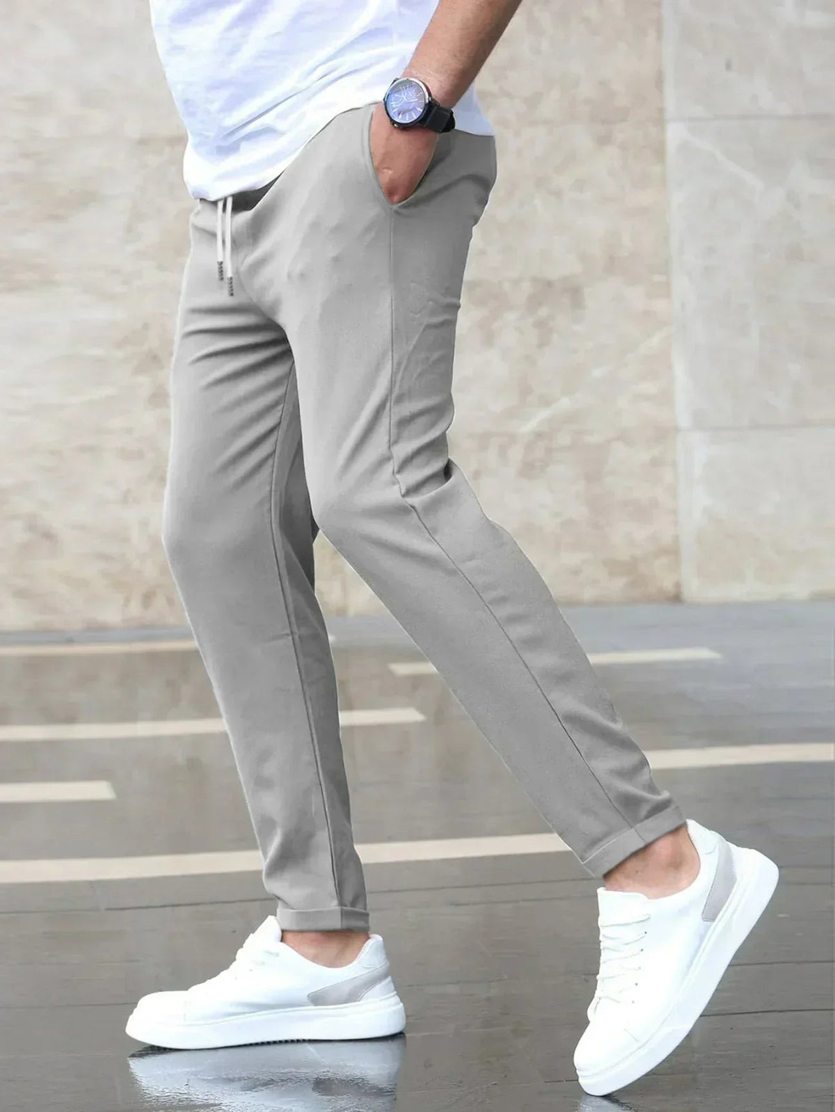 Men's Slim Fit Chino Trousers with Drawstring Waist and Tapered Leg