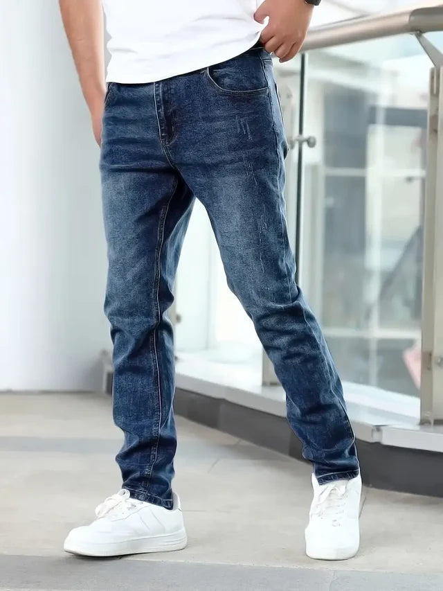 Men's Slim Fit Jeans with Faded Wash and Classic Pockets