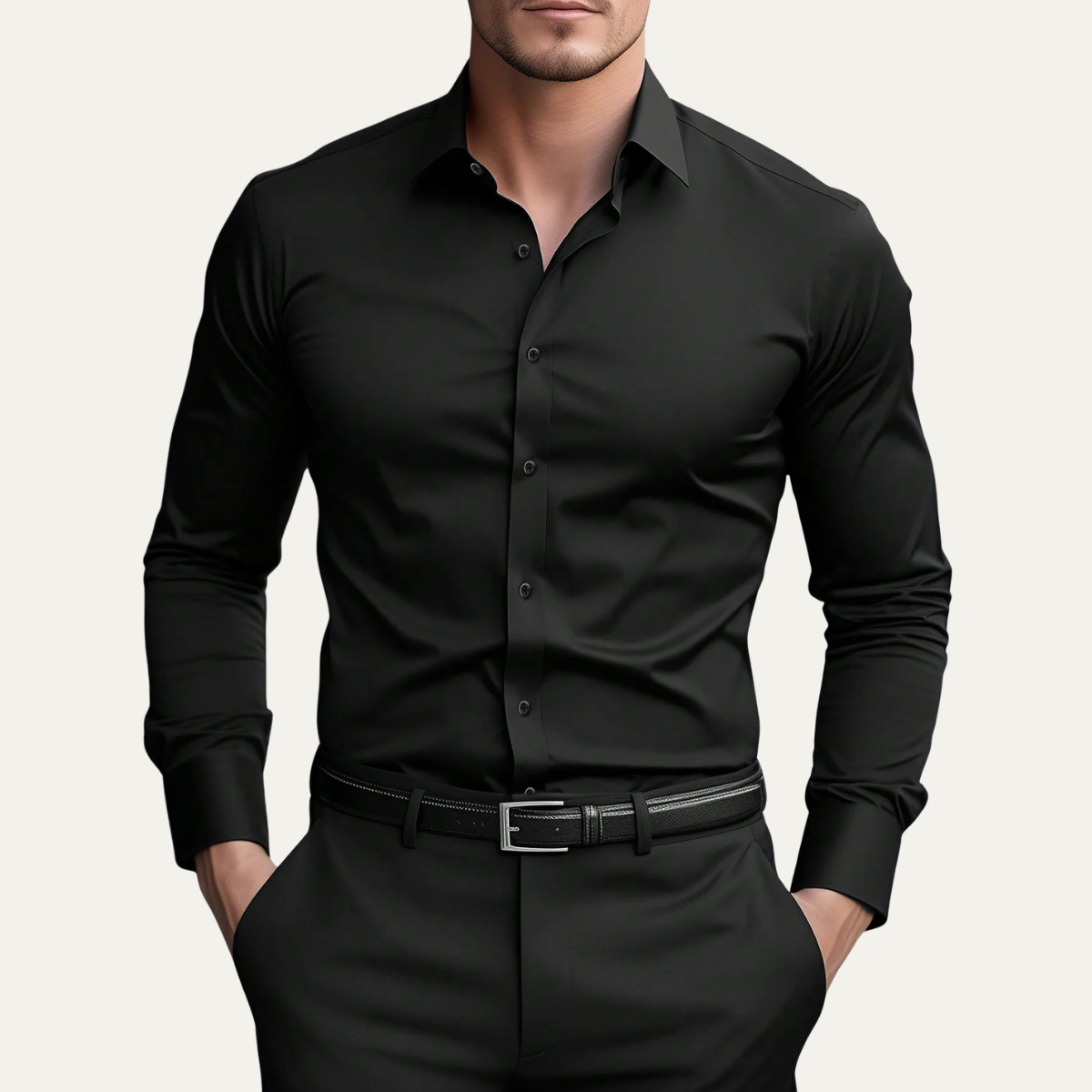 Men's Slim Fit Long Sleeve Button-Down Dress Shirt with Spread Collar