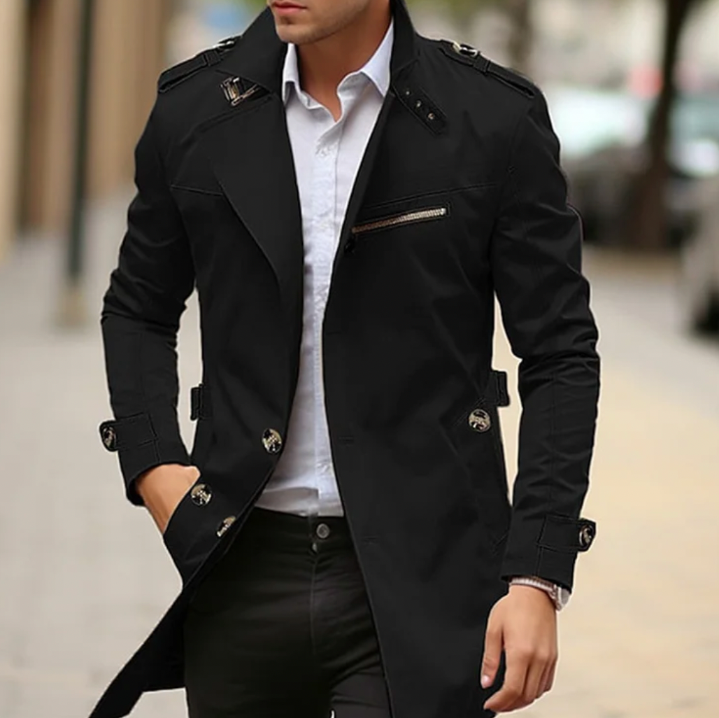Men's Slim Fit Trench Coat with Notch Lapel and Epaulettes