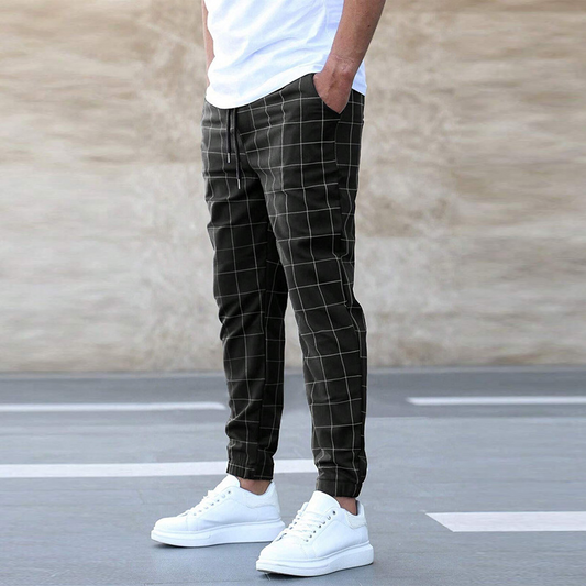 Men's Slim Fit Trousers with Plaid Pattern and Drawstring Waist