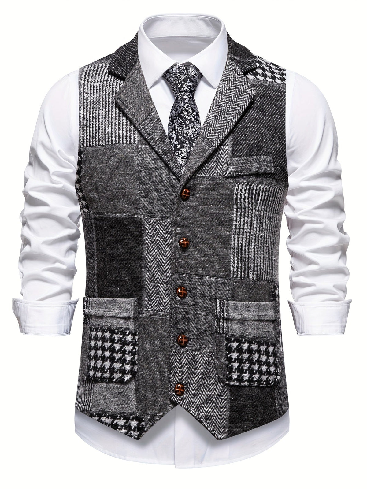 Men's Suit Vest with Patchwork Herringbone Pattern and Button Closure