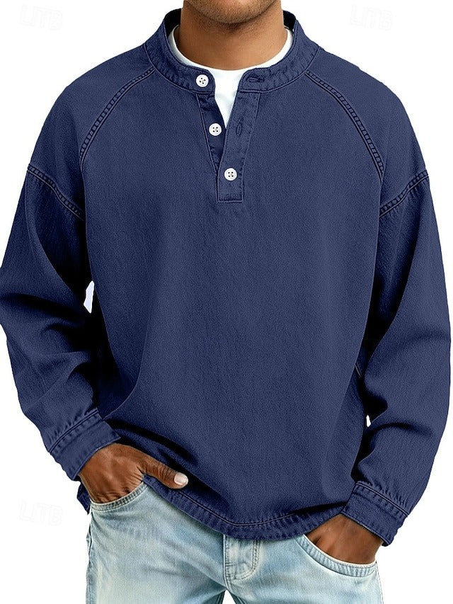 Men's Sweatshirt Long Sleeve Henley with Stand Collar and Button Placket