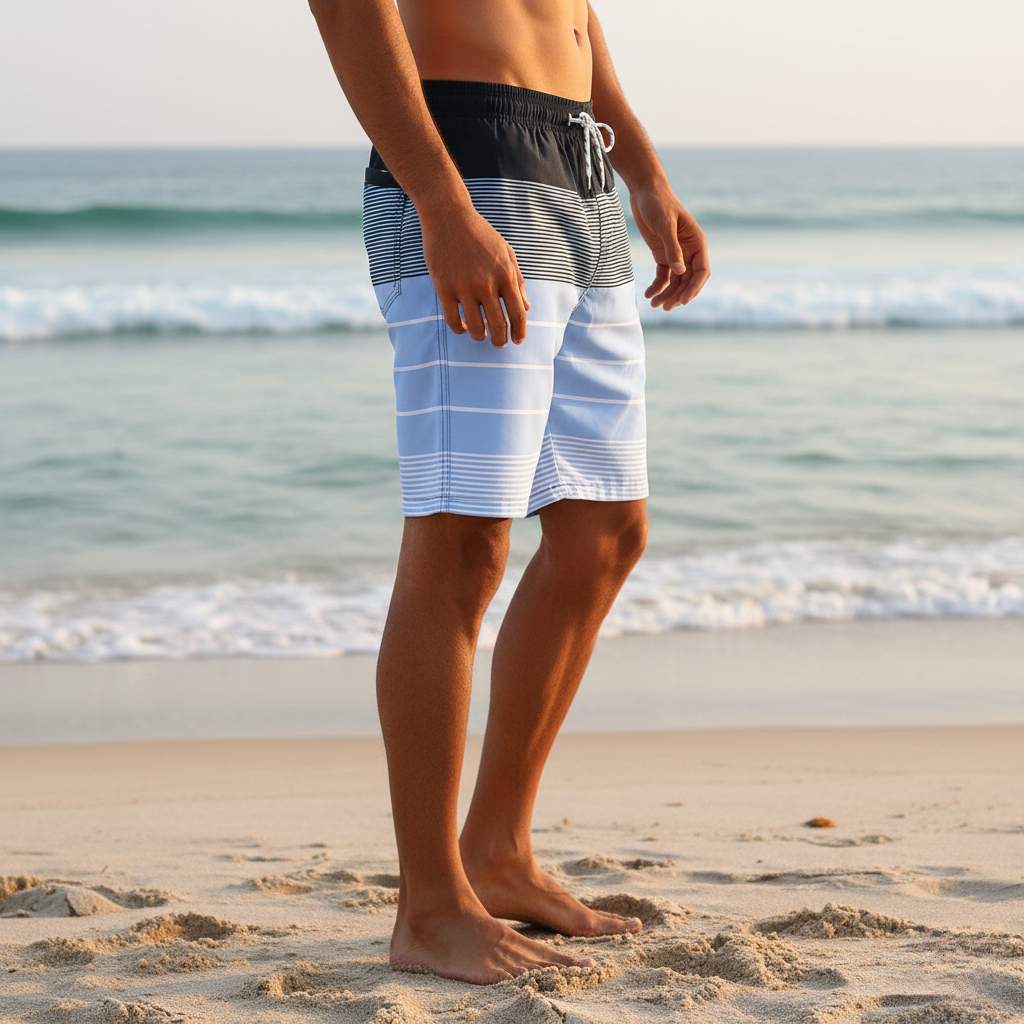 Men's Swim Shorts with Striped Pattern and Elastic Drawstring Waistband