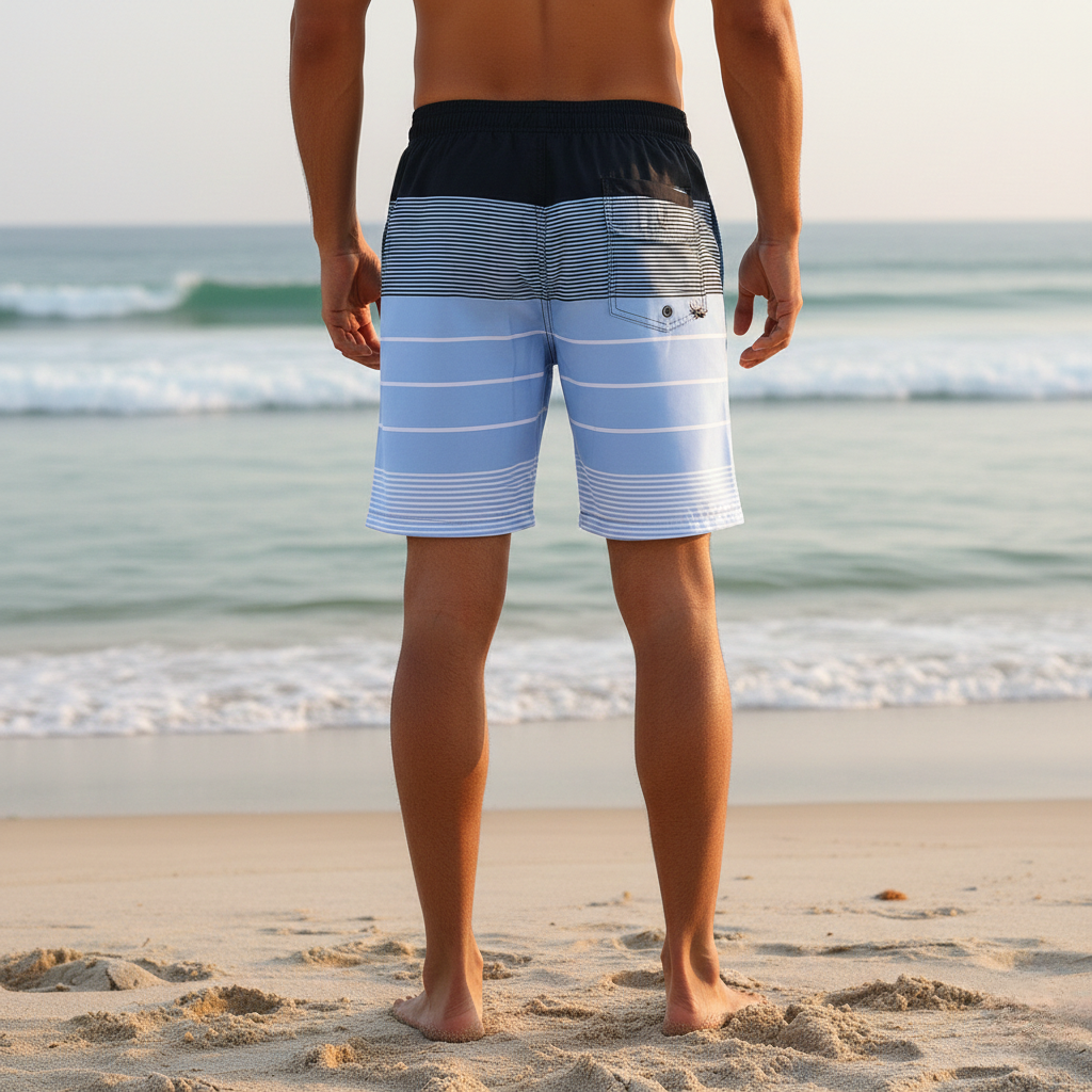Men's Swim Shorts with Striped Pattern and Elastic Drawstring Waistband