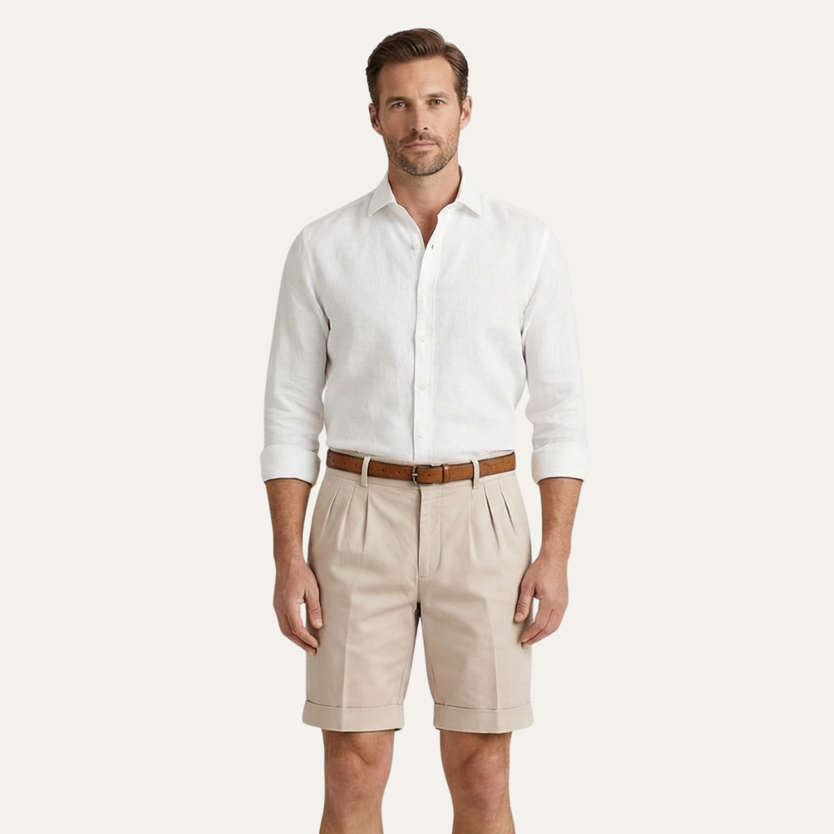 Men's Tailored Chino Shorts with Pleated Front and Cuffed Hem