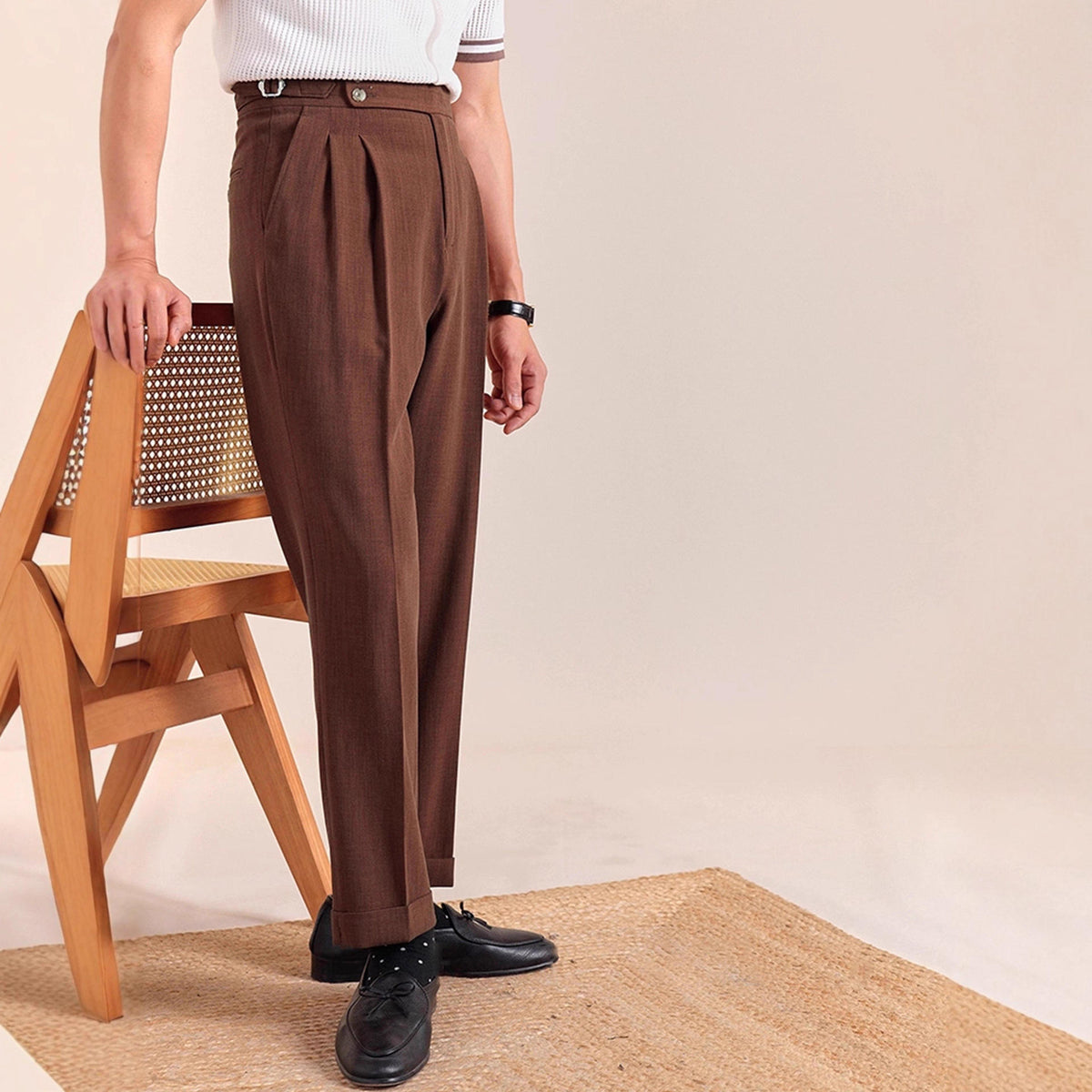 Men's Tailored Slim Fit Pleated Dress Pants with Cuffed Hem