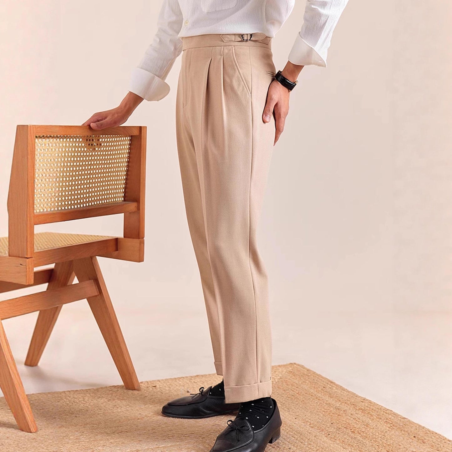 Men's Tailored Slim Fit Pleated Dress Pants with Cuffed Hem