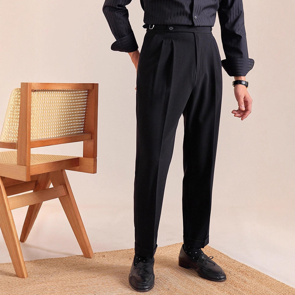 Men's Tailored Slim Fit Pleated Dress Pants with Cuffed Hem