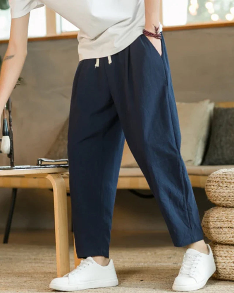 Men's Tapered Trousers with Pleats and Drawstring Waist