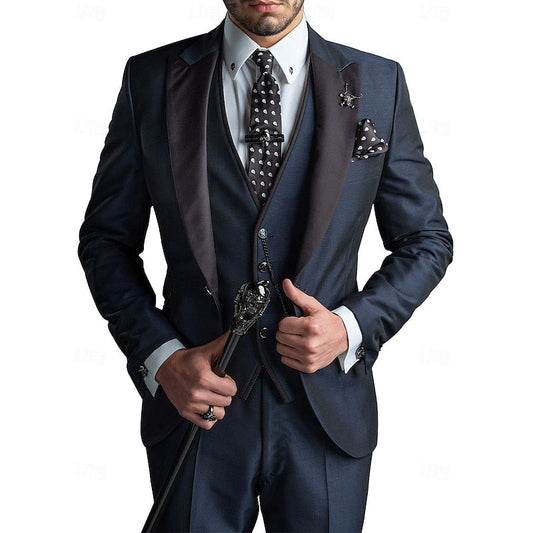 Men's Three-Piece Slim Fit Formal Suit Set with Peak Lapel